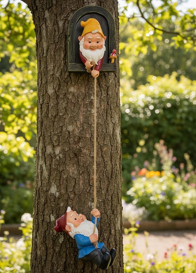 Elenon Climbing Gnomes Tree Faces Decor, Adorable Gnome Tree Hugger Fairy Garden Statue, Funny Peeker Sculpture Outdoor Yard Patio Art (2pcs)