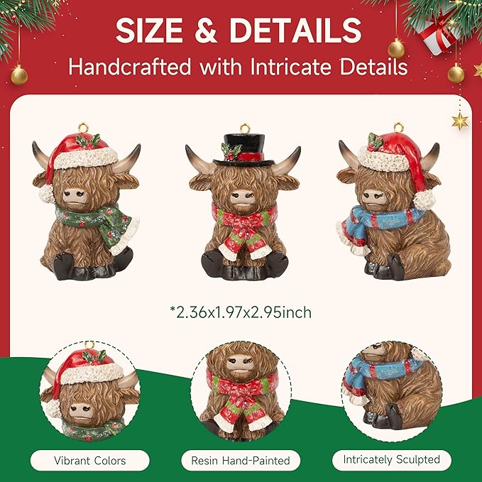Christmas Highland Cow Figurines Decor, 3 PCS Small Christmas Cows with Scarf, Hanging Ornaments Xmas Resin Statue for Garden Bathroom Kitchen Home Table Decorations
