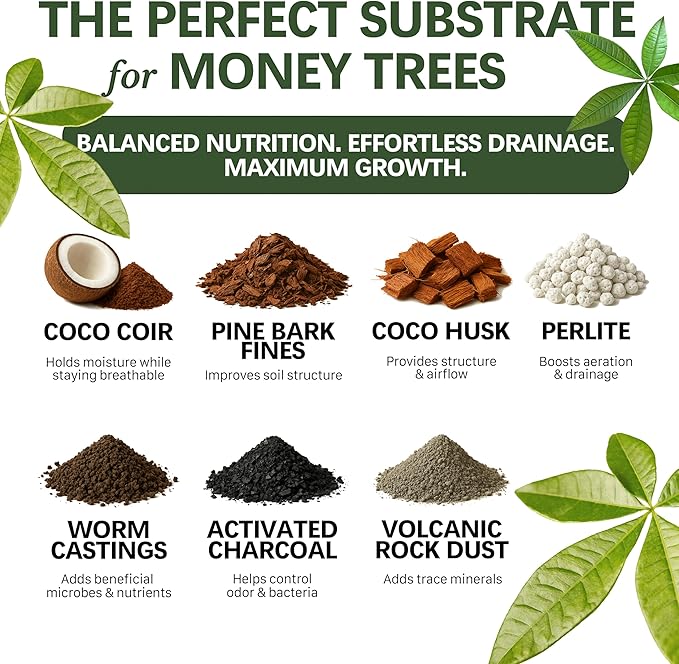 Premium Money Tree Soil – Organic, Nutrient-Rich, Optimal-Draining Potting Mix for Pachira Aquatica – Supports Strong Roots, Balanced Moisture & Lush Foliage – Ready to Use (4 QTS)
