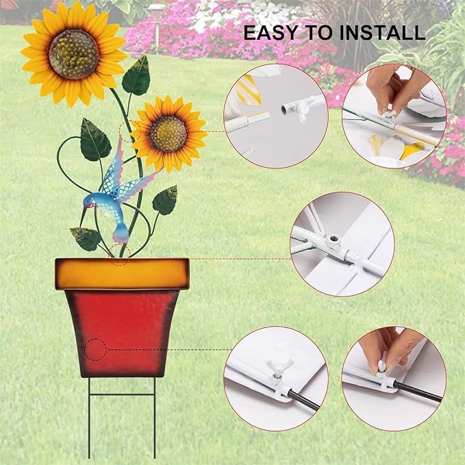 pearlstar Sunflower Decorative Garden Stake 44 Inches Large Metal Art Outdoor Yard Decor Flower Pot Design for Outside Garden Lawn Patio Proch Ornaments，Hummingbird
