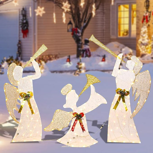 Taman Lighted Christmas Angel, Glittered 3 Angels Blowing The Trumpet Lighted LED Warm Lights for Outdoor Christmas Holiday Home Lawn Yard Garden Decoration