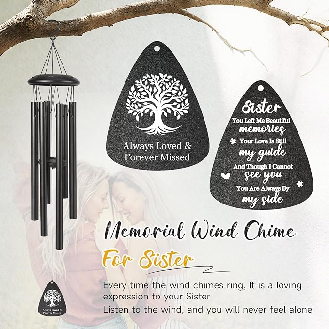 Memorial Gifts for Loss of Sister, 25''Memorial Wind Chimes of Sympathy Gifts for Loss of Sister,Condolence/Bereavement/Remembrance Gift,Windchimes in Memory,Funeral Decor for Garden Outside,Black