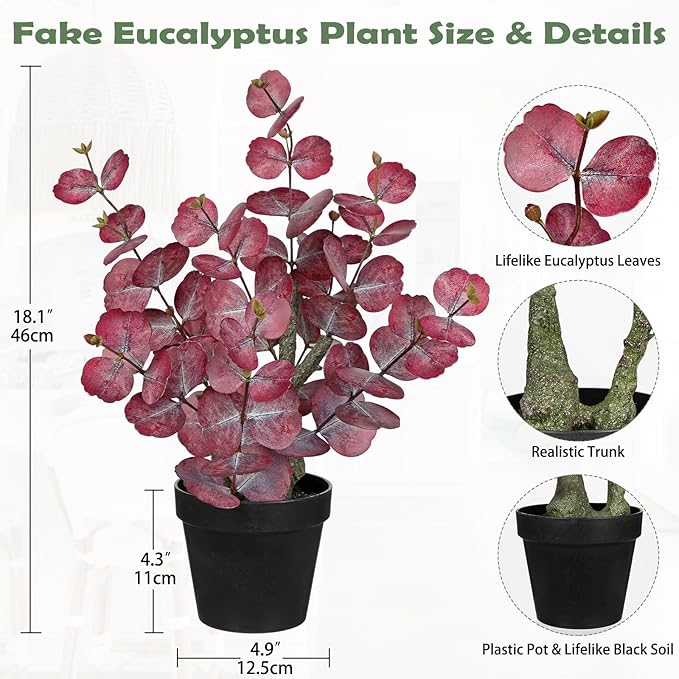 Artificial Plants Indoor with Pot, 18" Tall Faux Plants Indoor Silk Plant, Fake Potted Plant Small Eucalyptus Tree for Living Room Bathroom Kitchen Farmhouse Office Desk Table Shelf Decor, Red