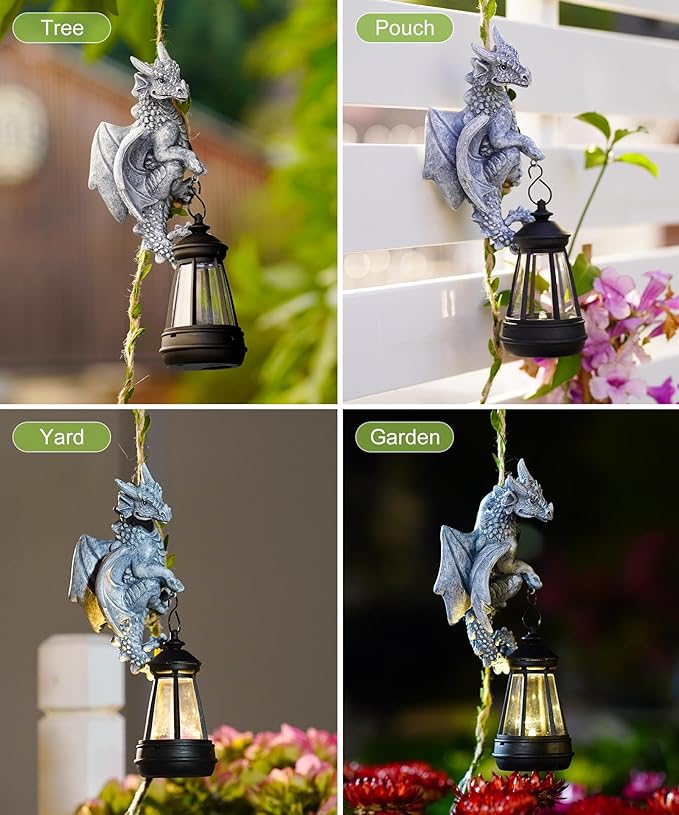 Nacome Dragon Outdoor Statues for Garden: Outside Hanging Climbing Sculptures with Lantern Decor for Yard Art Porch Balcony - Christmas Birthday Gifts for Grandma Mom Women