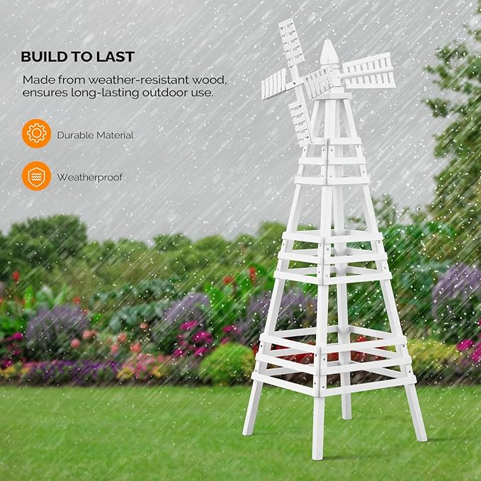 Wooden Windmill, Weather-Proof Wind Spinner, Outdoor Wind Mill for Garden Lawn Patio Decoration (White, Large)