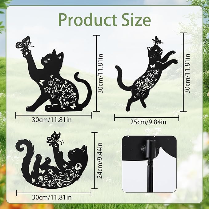 Cat Decorative Garden Stakes, 3 Pcs Cat Lover Gifts for Women Men Metal Garden Stakes, Butterfly Floral Silhouette Outdoor Yard Art Lawn Decor