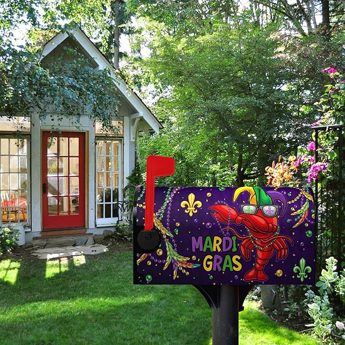 Mardi Gras Mailbox Cover Magnetic Standard Size 21x18 Inch Crawfish Carnival Beads Mailbox Covers Letter Box Wraps for Holiday Outdoor Garden Yard Decor