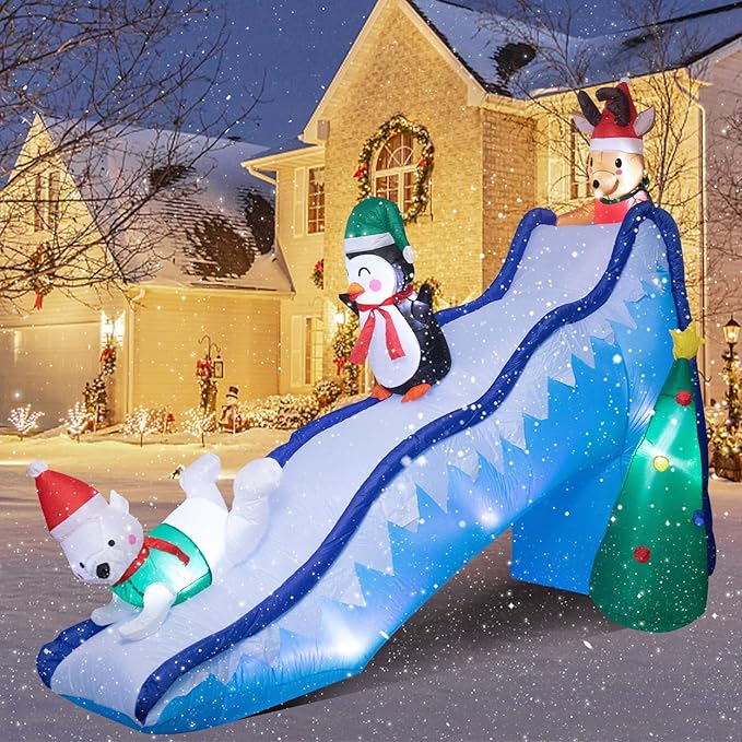 8.2 FT Tall Inflatable Christmas Decorations - Christmas Inflatables Outdoor Decorations, Penguin Holiday Spirit Inflatable Slide with LED Light Blow Up Yard Decorations