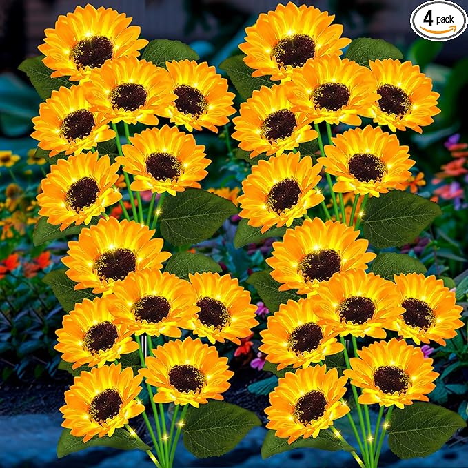 4 Pack with 24 Solar Sunflower Lights Outdoor Decorative Lights for Garden Gift for Mom and Friends, IP65 Waterproof Sunflower Garden Stake Lights for Yard Patio Lawn Pathway