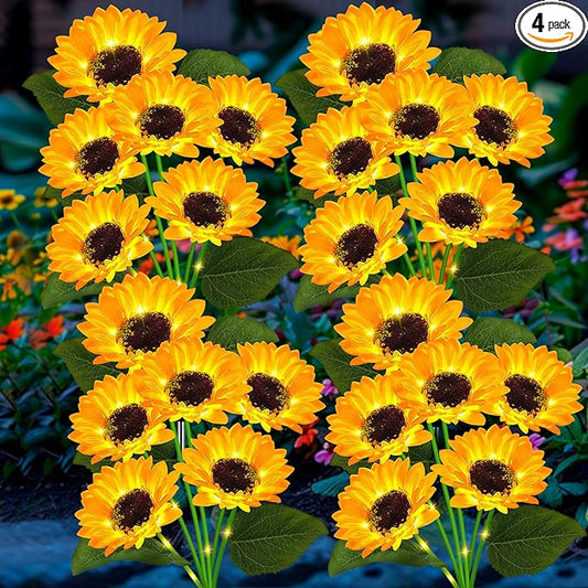 4 Pack with 24 Solar Sunflower Lights Outdoor Decorative Lights for Garden Gift for Mom and Friends, IP65 Waterproof Sunflower Garden Stake Lights for Yard Patio Lawn Pathway