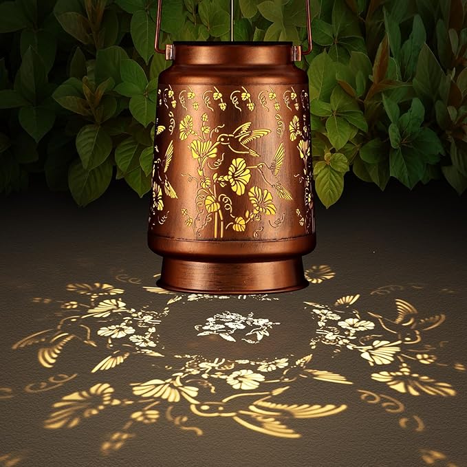 Solar Lantern Outdoor Hanging Waterproof Outside Metal Openwork Hummingbird Pattern Birthday Gifts for Women Mom Landscape Lights for Porch Garden Yard Patio Pathway Decor(Two Hummingbirds)