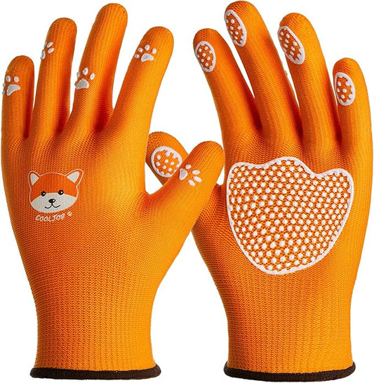 COOLJOB Small Toddler Gardening Gloves for Little Boys Girls Ages 2-4, Breathable Kids Work Gloves with Grippy Animal Paw Dots for Children Yard Landscape, Orange Dog, 1 Pair