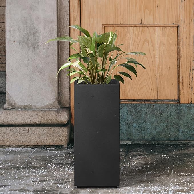 Kante 23.6" H Tall Rectangular Concrete Planter, Modern Square Diameter Plant Pot with Drainage Hole and Rubber Plug for Indoor Outdoor Home Patio Garden, Black