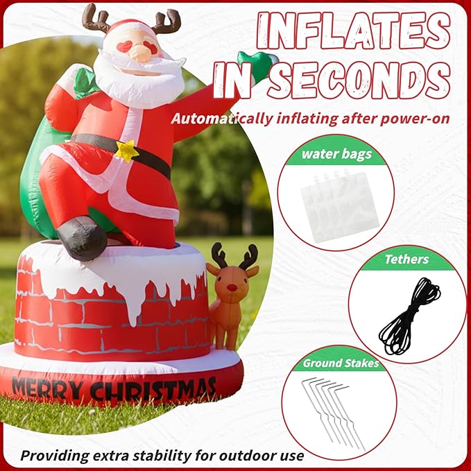 UPWELL 8FT Inflatable Chimney Santa Claus - Classic Outdoor Holiday Yard Decoration with LED Lights, Self-Inflating, Stable & Durable, Suitable for Christmas Decor & Events