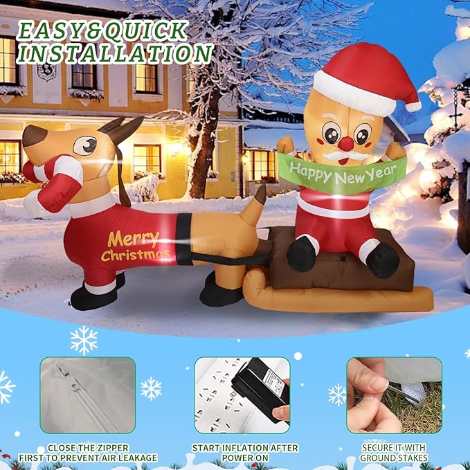 7FT L Animated Christmas Inflatable Santa on Sleigh with Dachshund, Lovely Christmas Blow up Dog Sledding with Build-in LED Lights Indoor Outdoor Party Decoration