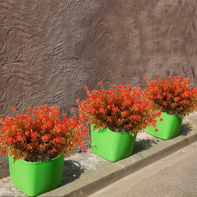 20 Bundles Artificial Flowers, Fake Artificial Greenery UV Resistant No Fade Faux Plastic Plants for Wedding Bridle Bouquet Indoor Outdoor Home Garden Kitchen Office Table Vase (Orange Red)