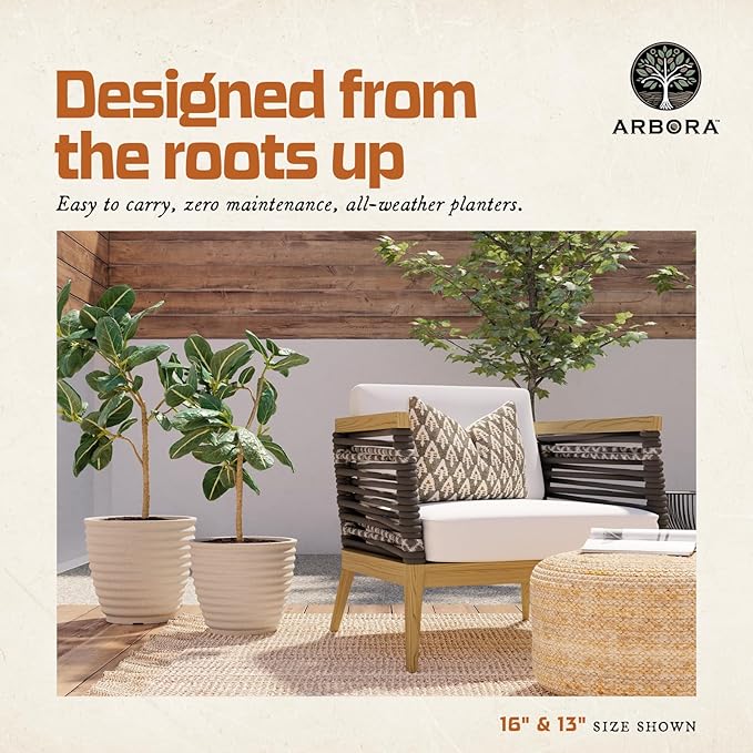 ARBORA 13" Ibiza Polyresin Indoor and Outdoor Planter with Classic Cream Finish - Durable, Weatherproof, Lightweight, Large Plant Pot for Patio, Garden, Deck, Entryway - 2 Pack