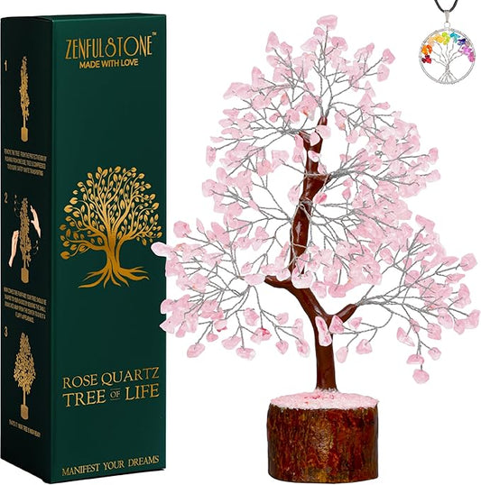 ZENFULSTONE Rose Quartz Crystal Tree of Life for Love & Healing Décor for Home and Office | Handmade Bonsai for Emotional Support & Harmony as Symbol of Piece for Loved Ones