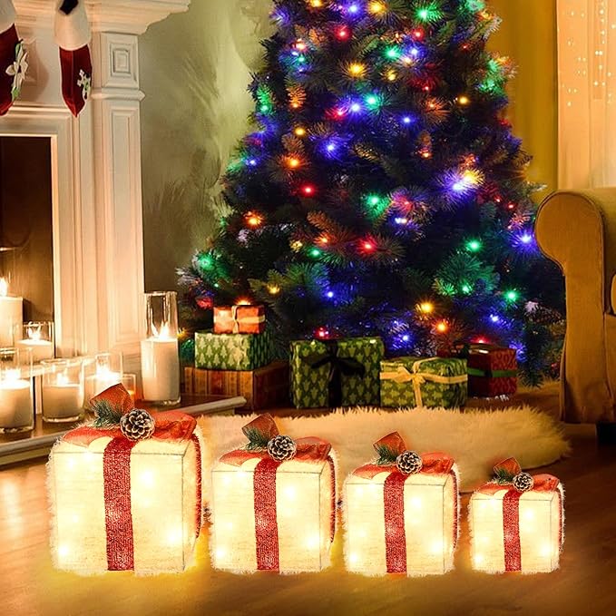 Christmas Lighted Gift Boxes Decorations Set of 4, 2.8Ft Stackable Christmas Nesting Boxes Battery Operated with Timer for Home and Party Decoration