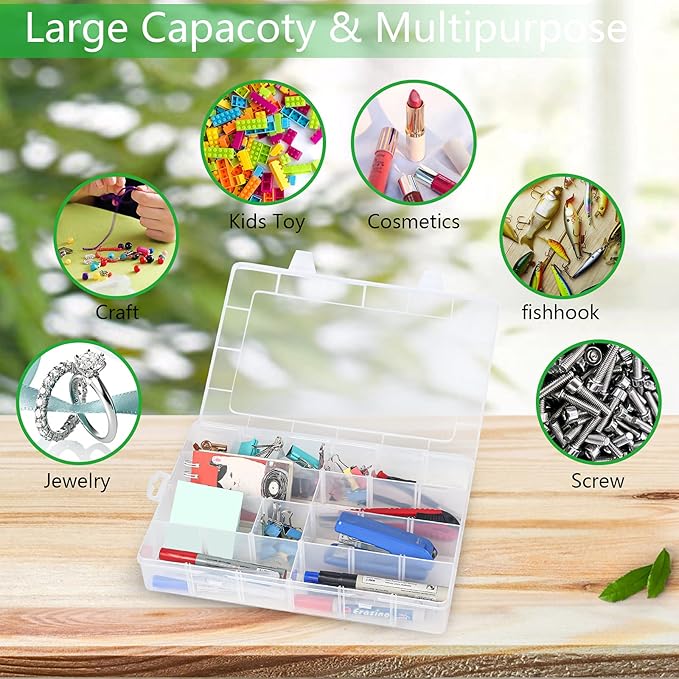 Large 24 Grids Plastic Organizer Box Adjustable Dividers,Clear Storage Box for Jewelry, Art DIY Crafts, Washi Tapes, Beads and Small Parts(3 Pack)