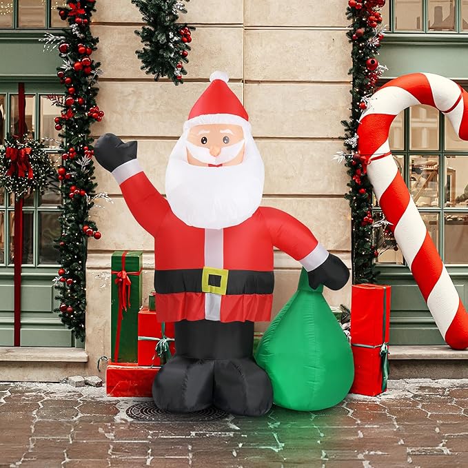 VINGLI 6FT Christmas Decorations Outdoor Inflatable Lighted Decor，Blow Up Yard Decoration with Electric Blower for Holiday Indoor Outdoor Garden Decor, Santa with Gifts