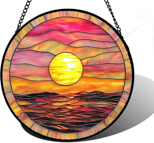 Stained Glass Window Hanging, Sunrise Sea Surface Sun Catchers Diamond Glass Panel Hangings Abstract Suncatcher Decor for Birthday for Women, Men, Wife, Aunt, and Mom 7.8 in