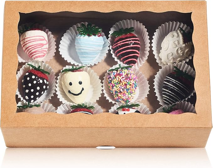 4PCS 10 x 7 x 2.5 inches Premium Cookies Boxes, Strawberries Boxes with Clear Window, Brown Natural Brown Paper Box