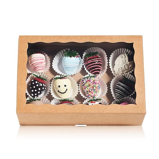12PCS 10 x 7 x 2.5 inches One Piece Premium Strawberry Boxes, Cookie Boxes, Natural Kraft Brown Bakery Box with Display Window