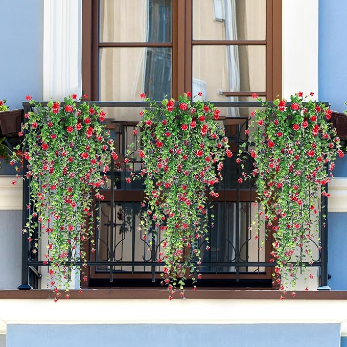 Artificial Hanging Flowers, 3 Pcs Fake Hanging Plants Artificial Vines for Outdoors, Fake Ivy Vine UV Resistant No Fade Faux Plants for Indoor Outside Garden Patio Yard Greenery Decoration (Red)