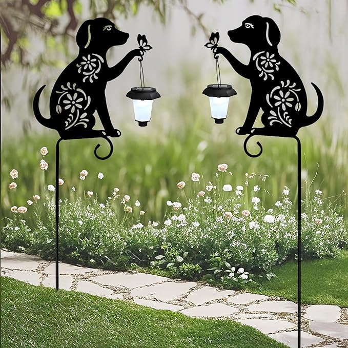 Dog Solar Lights Outdoor Garden Decoration, Dog Garden Statues, Outdoor Metal Decorative Garden Stakes with Solar Lantern for Lawn Yard Pathway Patio Gardening Gifts