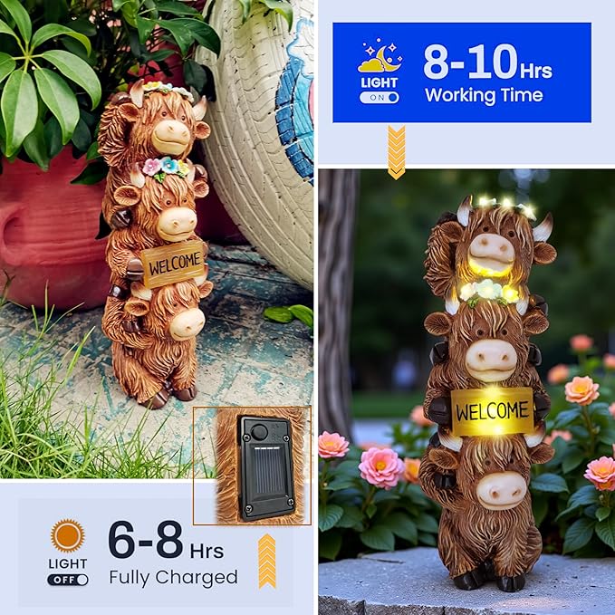 Solar Outdoor Figurine Lights Gnome Garden Decor Statue with LED Lantern, Glowing Fairy Yard Decorations for Outside Patio Yard Front Porch, Housewarming Home Decor Gifts Thanksgiving (Brown Cows)