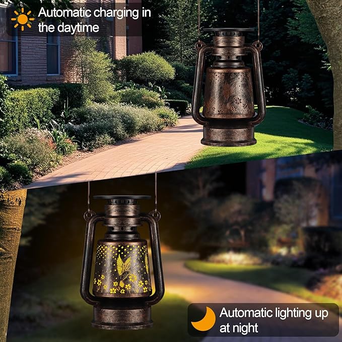 Solar Lantern Outdoor Hanging Vintage LED Waterproof Camping Light with Beautiful Graphics Landscape Decor for Yard,Patio,Porch,Lawn,Tabletop(02 - Hummingbird)