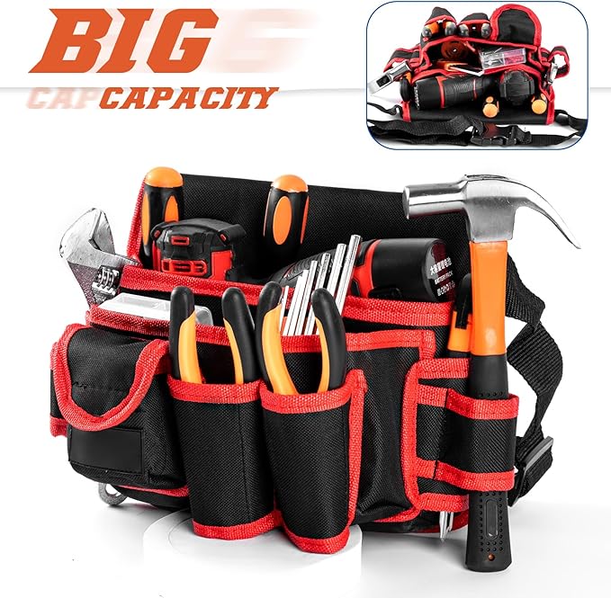 Ultra-Thick Men's Tool Belts Fits Waist 31”to 52” Adjustable Oxford Work Pouch with 15 Durable Pockets, Ideal for Repair & Electrical Work (Red, Extra Large)