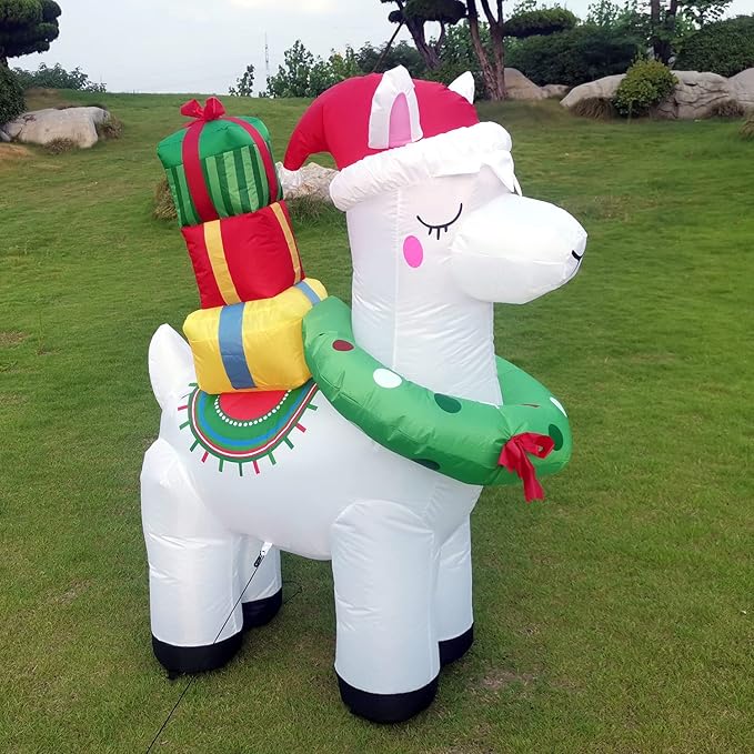 5FT H Lovely Christmas Inflatable Alpaca with Gift Bags and Christmas Wreath Built-in LEDs,Adorable Christmas Inflatable Llama Blow Up for Christmas Party Indoor Outdoor Yard Garden