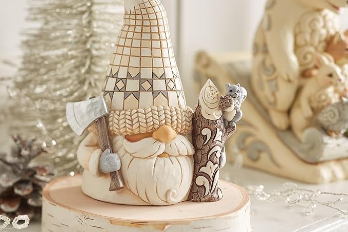 Enesco Jim Shore Heartwood Creek White Woodland Lumberjack Gnome Figurine- Stone Resin Hand Painted Crafted Collectible Gnomes Figurines Home Decor Statue, 5.43 Inch