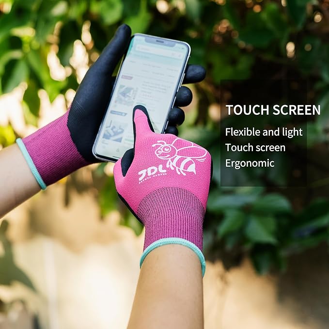 JDL 3 Pairs Nylon Nitrile Coated Gardening Gloves for Women, Touchscreen Yard Garden Gloves, Breathable Safety Work Gloves with Grip, Pink, Large