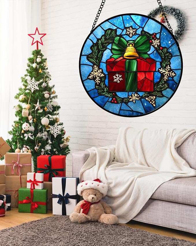 Stained Glass Window Hanging - Holly Branch Gift Box Suncatcher for Doors Home Christmas Decoration Winter Sun Catcher Thanksgiving New Year Birthday Gifts for Women Men Mom Nana Girl 6.3 in