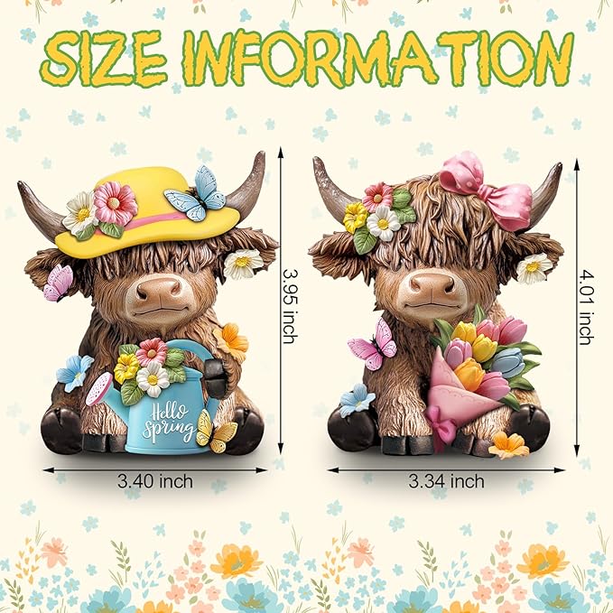 Karenhi 2 Pcs Highland Cow Figurines Spring Flower Highland Cow Gnomes Scottish Resin Statue Calf Lovers Gifts for Home Garden Kitchen Office Tiered Tray Table Decor
