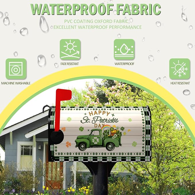 St Patrick Mailbox Covers Magnetic Standard Size Happy St.Patrick's Day Green Truck Shamrocks Rainbow Mailbox Post Cover Buffalo Plaid Gold Coin Clover Mailbox Wrap Decor Waterproof 21X18 inch