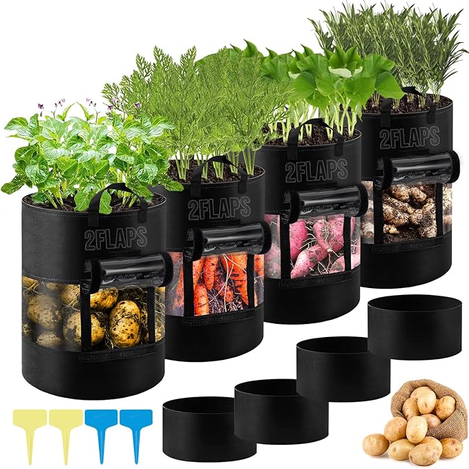 4 Pack 7 Gallon Black Potato Grow Bags with 360° Visible Flap Window,Thickened Potato Planter for Growing Potatoes,320g Heavy Duty Nonwoven Fabric Pots Plant Garden Bags to Grow Vegetables Tomato