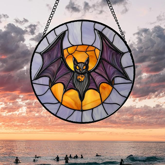 Stained Glass Window Hanging Halloween Black Purple Bat Monster Moon 9.8" - Suncatcher Door Garden Sun Catcher Gothic Decor Birthday Horror Funny Gift for Mom Woman Nana Friend Men
