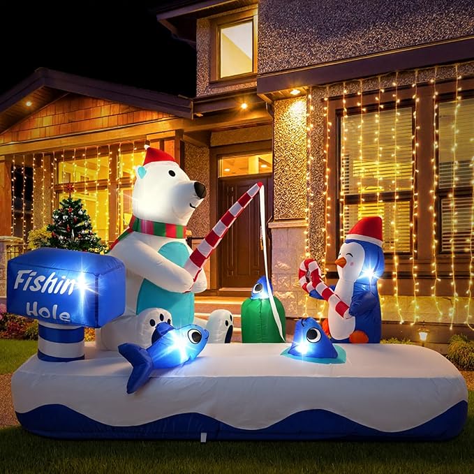 7FT Giant Inflatable Christmas Decor,Cute Polar Bear Fishing with Penguin, Holiday Party Decor,Outdoor Blow Up Yard Decoration with Built-in LED Lights for Xmas, Garden, Lawn