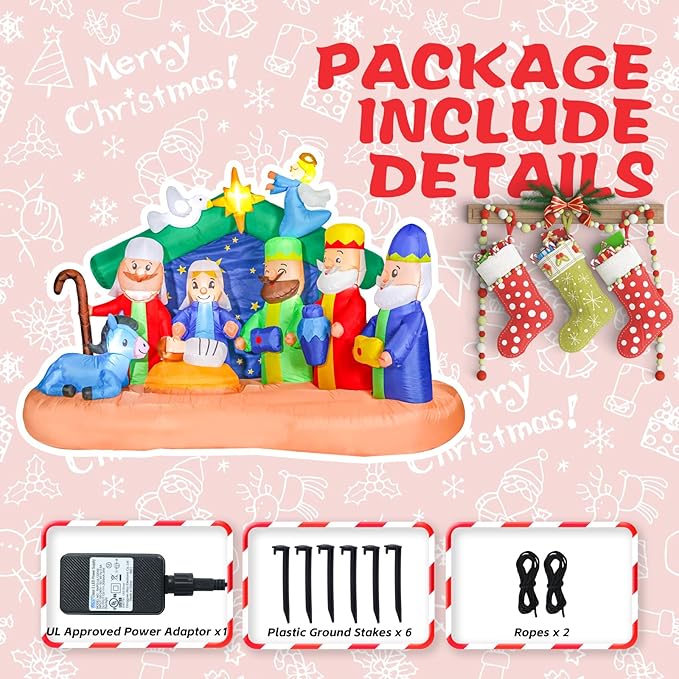 8 FT Christmas Inflatables Nativity Scene, Blow Up Christmas Nativity Scene, LED Lighted The Birth of Jesus Scene Inflatables Decor, Christmas Outdoor Inflatable Decorations for Xmas Yard Garden Décor