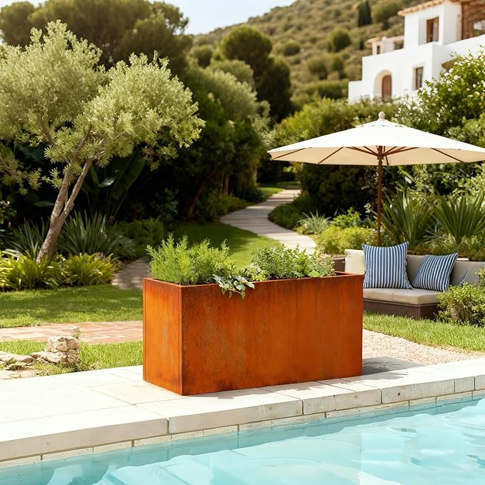 Corten Steel Planter Box Metal Outdoor Large Rectangular Rustic Durable Antique Detached for Commercial Residential Patio Deck and Backyard 36" x 12" x 16"