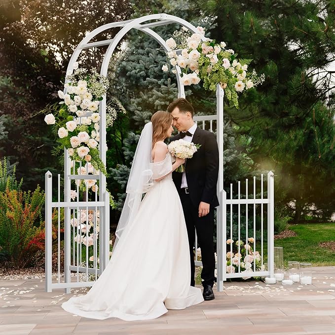 VINGLI Garden Arbor with Gate, PVC Frame Trellis Garden Arch for Plant Climbing, Vinyl Pergola Wedding Arch Backdrop Standing for Backyard, Lawn, Event (White)