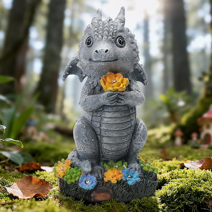 Solar Garden Outdoor Statues Dragon Holding Flower with Solar LED Lights - Lawn Decor Outdoor Statue for Patio, Balcony, Yard Ornament,Housewarming for Mom Grandma