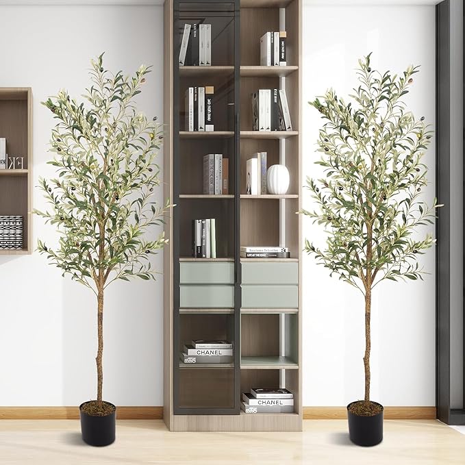 Artificial Fake Olive Tree 6FT Tall 2Pack Faux Silk Olive Tree for Home Living Room Office Decor Faux Artificial Plants Indoor Fake Potted Plants with Fruit & Free Moss
