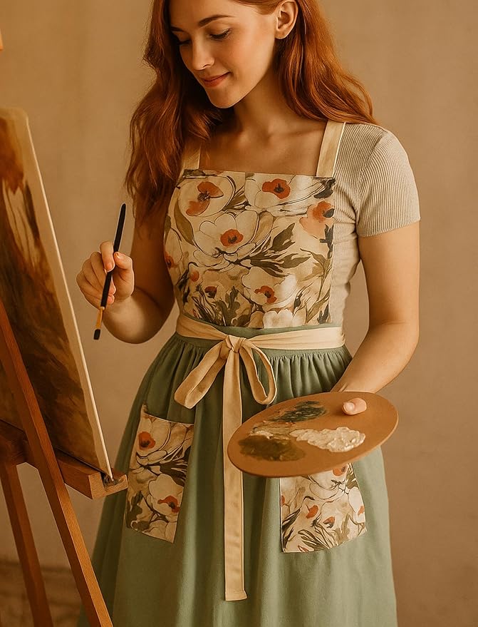 Vintage Pinafore Apron Dress for Women with Pockets Cute Floral Chef Aprons for Kitchen Cooking Baking Gardening