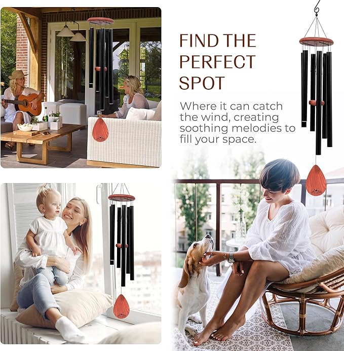 UpBlend XL Wind Chimes for Outside Gift – Deep Tone Wind Chime with Decorative Stone – Porch & Patio Decor, Elegant Outdoor Ornament, Garden Gifts. 38” Black.