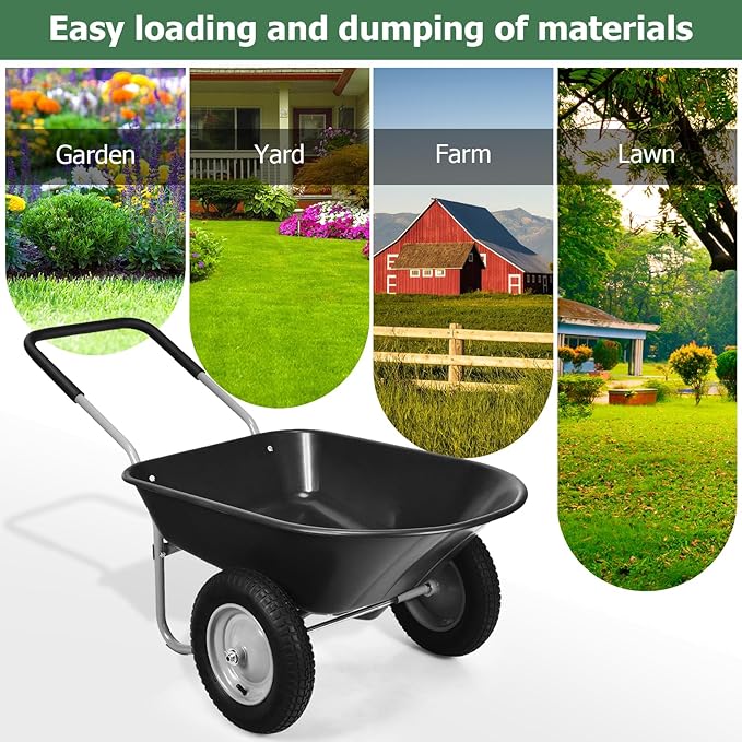 ERGOMASTER Dual-Wheel Wheelbarrow, Home Utility Garden Cart, 330 LBS Capacity, Large Heavy Duty Yard Cart for Gardening & Planting, Lawn, Farm, Construction Site, Black